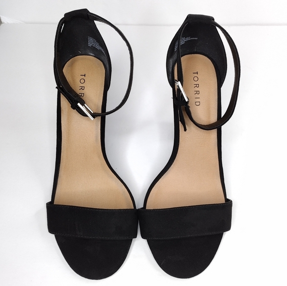 Torrid Women's Black Suede Leather Two Strap Tapered Open Toe Chunky Heel - Picture 9 of 16